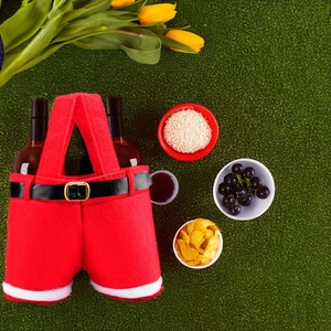 Dual bottle Christmas wine gift bag in red felt Santa pants design on grass