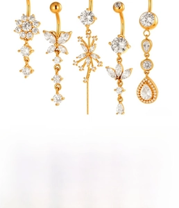 Lot de cinq piercings de nombril papillon dorés en acier titane avec cristaux de zircone