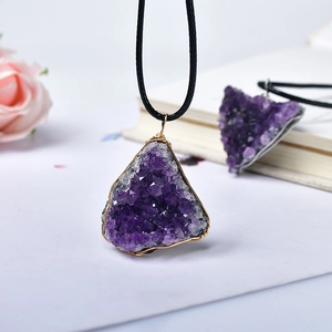 Natural Amethyst Cluster Pendant Necklace Handmade Wire Wrapped Irregular Raw Stone Purple Crystal With Black Cord