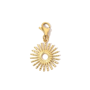 Detail of a golden sunburst pendant with lobster clasp and radiant geometric pattern
