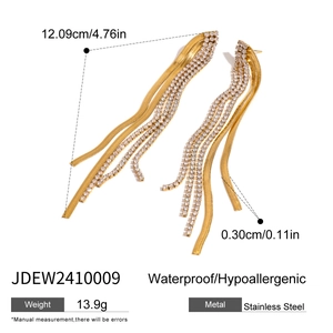 Detailed dimensions of long gold stainless steel tassel earrings with cubic zirconia
