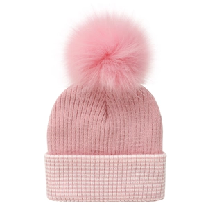Pink knit beanie for kids with large fluffy pom-pom and striped texture design