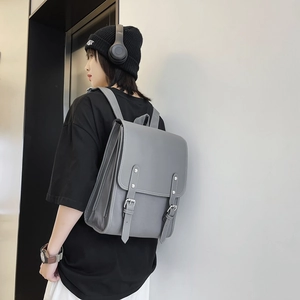 Grey vintage Japanese style PU leather backpack for college women in a minimalist design