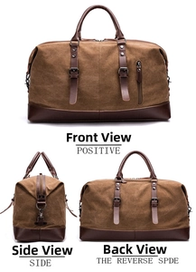 Detailed front, side and back views of a brown canvas business travel duffel bag