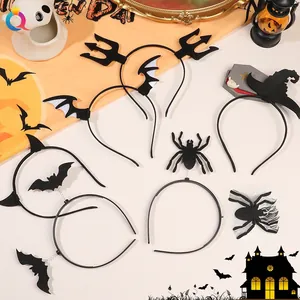 Detailed set of seven Halloween headbands featuring bats, spiders, and witch hat designs