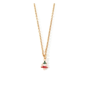 Detail of golden Christmas tree necklace with festive red, white, and green enamel finish