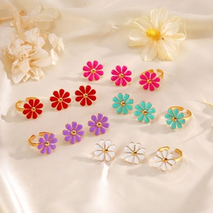 Colorful Enamel Daisy Flower Earrings And Adjustable Ring Stainless Steel Gold Plated Fashion Jewelry For Women