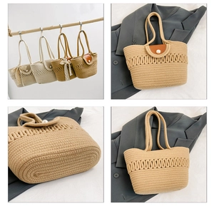 Detail view of woven tote bag showing the textured base and four different color options