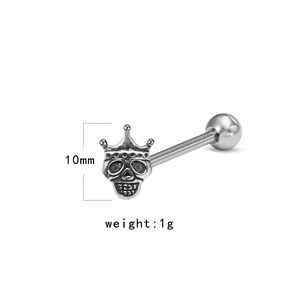 Macro shot of silver skull tongue ring with crown detail including 10mm size and 1g weight