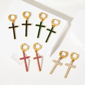 Punk style stainless steel huggie earrings with colorful zircon cross charms in gold