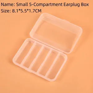 Detailed view of 5-compartment transparent plastic storage box measuring 8.1x5.5x1.7cm