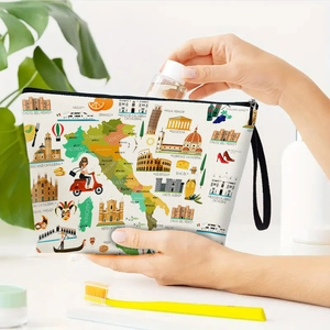 Portable linen makeup bag with Italy map print being filled with travel toiletries