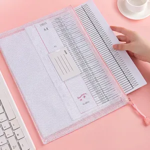 Pink A4 mesh zipper file bag with clear index card slot for student document storage