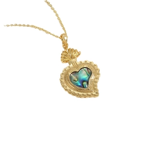 Golden necklace with heart-shaped abalone shell pendant and iridescent zircon details
