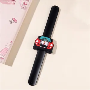 Red cartoon car snap watch for kids with black silicone strap and analog dial display