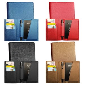 Cross-pattern PU leather passport wallet in four colors with pen holder and card slots