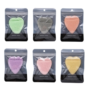 6-pack heart-shaped facial cleansing sponges in various colors with hanging cords