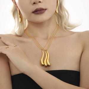 Three-layer gold teardrop pendant necklace and matching earrings set for women