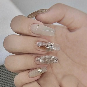 Silver Metallic Glitter Press On Nails Ballet Coffin Shape Marble Pattern Y2K Glossy Fake Nails Manicure For Women