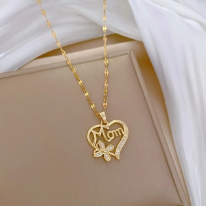 Luxurious gold titanium necklace with MOM heart butterfly pendant and crystal accents