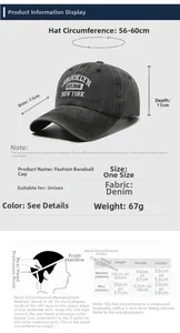 Detailed sizing chart for denim baseball cap with brim and circumference measurements