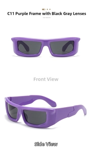 Detail view showing purple square frame sunglasses with dark grey lenses in macro shot