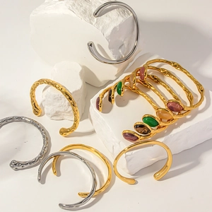 Retro 18K gold plated titanium steel open cuff bracelet with oval natural gemstones