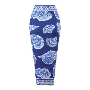 Detail of high-waist navy maxi skirt with white seashell and conch prints in satin fabric