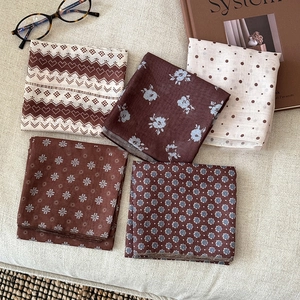 Retro polka dot and floral cotton linen square scarves in vintage brown color palette