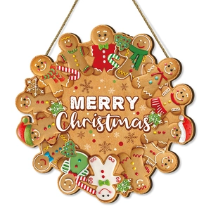 Couronne de Noël en bois avec bonhomme en pain d'épices et panneau Merry Christmas