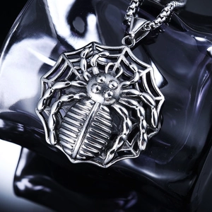 Spider shaped stainless steel pendant necklace in silver finish with spider web design