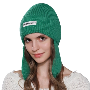 Bright green chunky knit beanie with bunny ear design and Short Sentence label for women