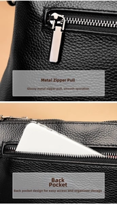 Detail of silver zipper and back pocket on black pebbled leather tote with phone storage