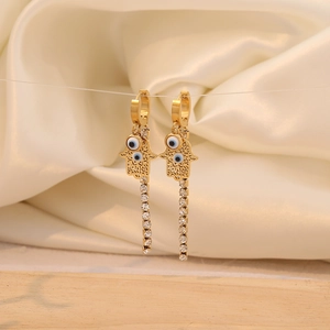 Gold Hamsa Hand earrings with Evil Eye charms and long rhinestone tassel drops