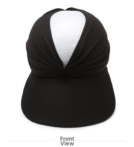 Front view of black sun visor with twist design and wide brim on mannequin head