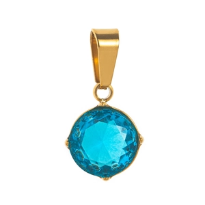 Detailed close-up of a golden pendant with a sparkling blue faceted gemstone on white background
