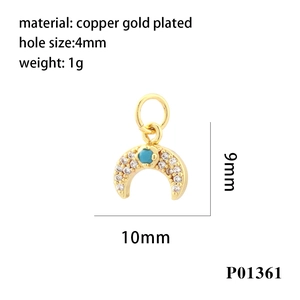 Detail of 18K gold-plated crescent moon pendant with micro-set zircon and turquoise