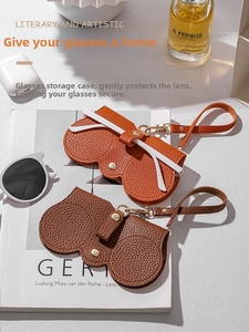 Litchi pattern PU leather glasses pouch with snap closure and portable hook in caramel