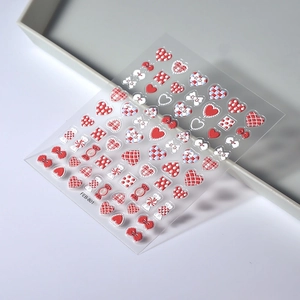 5D embossed heart and bow nail art stickers in red and white design FEB-801