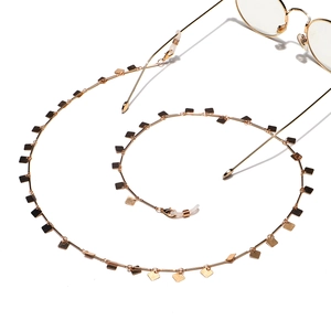 Fashion gold square pendant metal eyewear chain with anti-slip rubber loop connectors