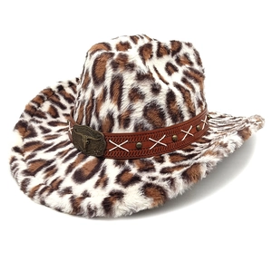 Leopard print wool fedora cowboy hat with vintage bull head buckle and leather band