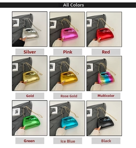 Nine colorful metallic acrylic handbags with integrated handles and chain straps