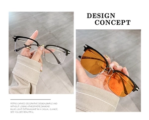 Detail view of semi-rimless retro eyewear frames in transparent and orange finishes