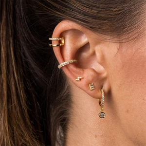 Golden S925 silver stud earring set with lightning bolt and zircon pavé ear cuffs