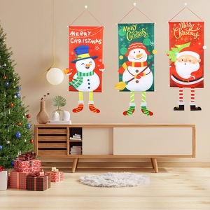 Three-piece Christmas wall banners featuring Santa Claus and snowmen for festive decor