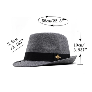 Grey wool fedora hat with black ribbon, golden bee pin and size dimension details