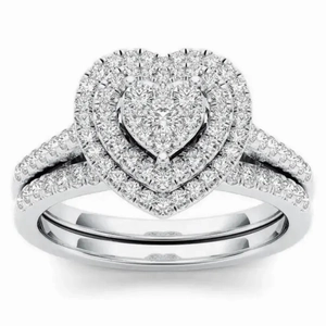 Sparkling double heart ring set with silver-finish halo cubic zirconia stones