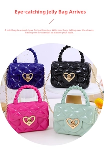 Detail of mini jelly handbags showing colorful PVC textures and gold heart-shaped locks