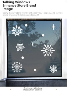 Close-up of white snowflake and star electrostatic window decals for Christmas decor