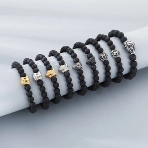 Natural Volcanic Lava Stone Beaded Bracelet With Alloy Animal Head Charm Retro Punk Style Jewelry For Men Women Unisex